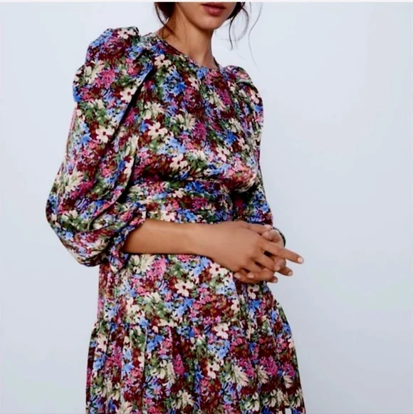 Zara Satin Floral Multicolor Dress, size S - Picture 3 of 12
